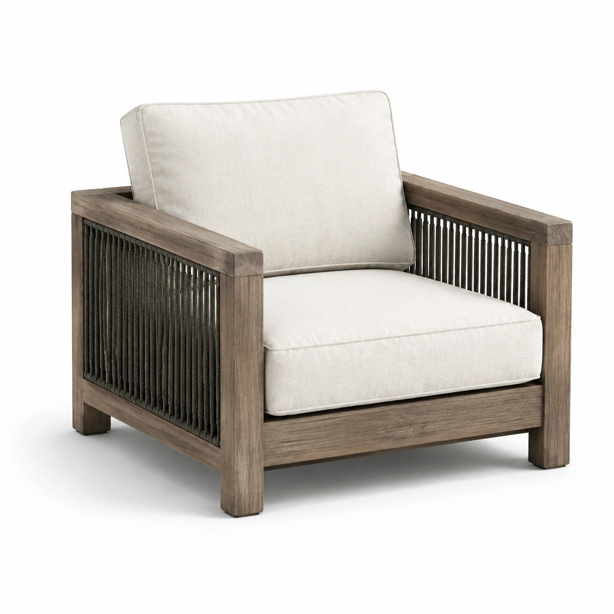 Fauteuil en bois d'acacia avec cordes et coussins en tissu beige