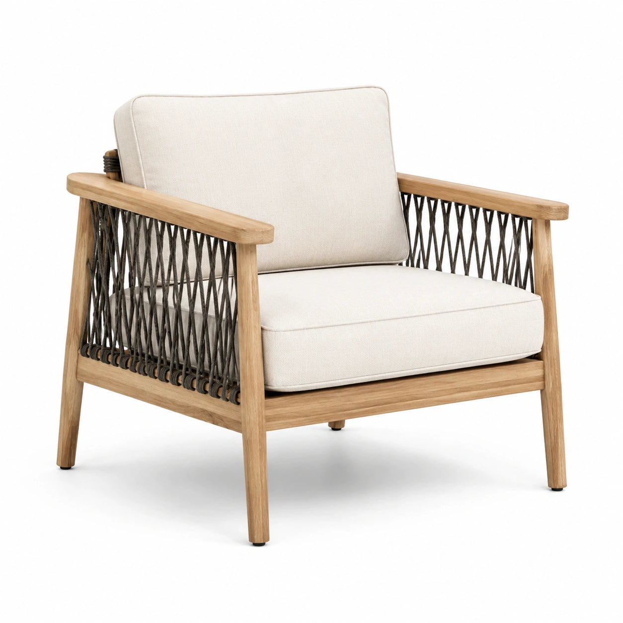 Fauteuil en bois de teck avec assise en polyester beige