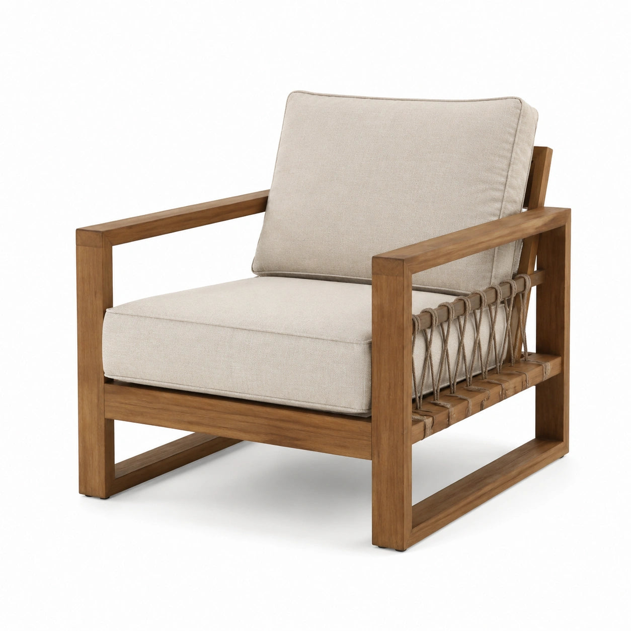 Fauteuil de jardin en bois d'acacia avec coussins en lin beige
