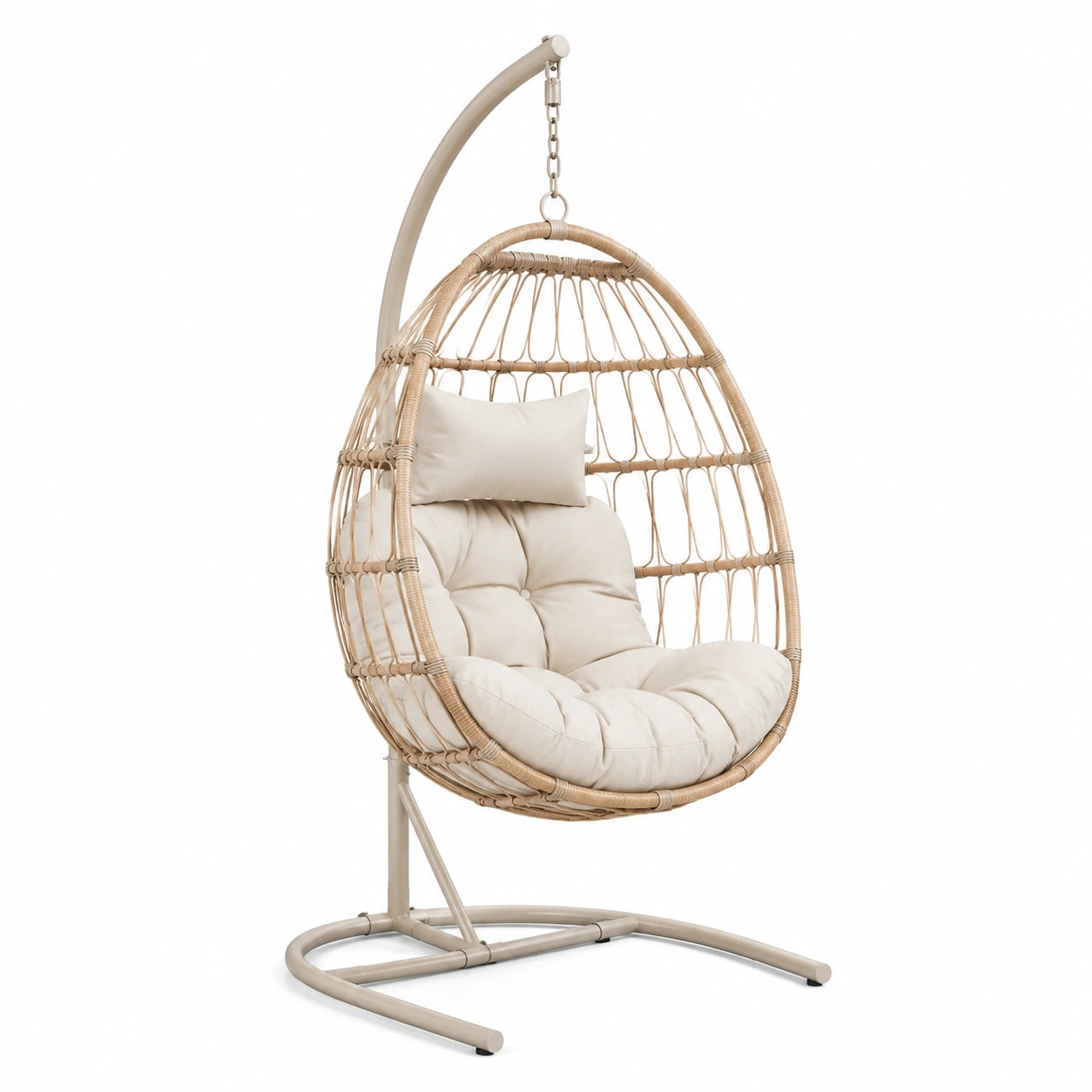 Fauteuil suspendu en rotin synthétique avec coussin beige, structure acier