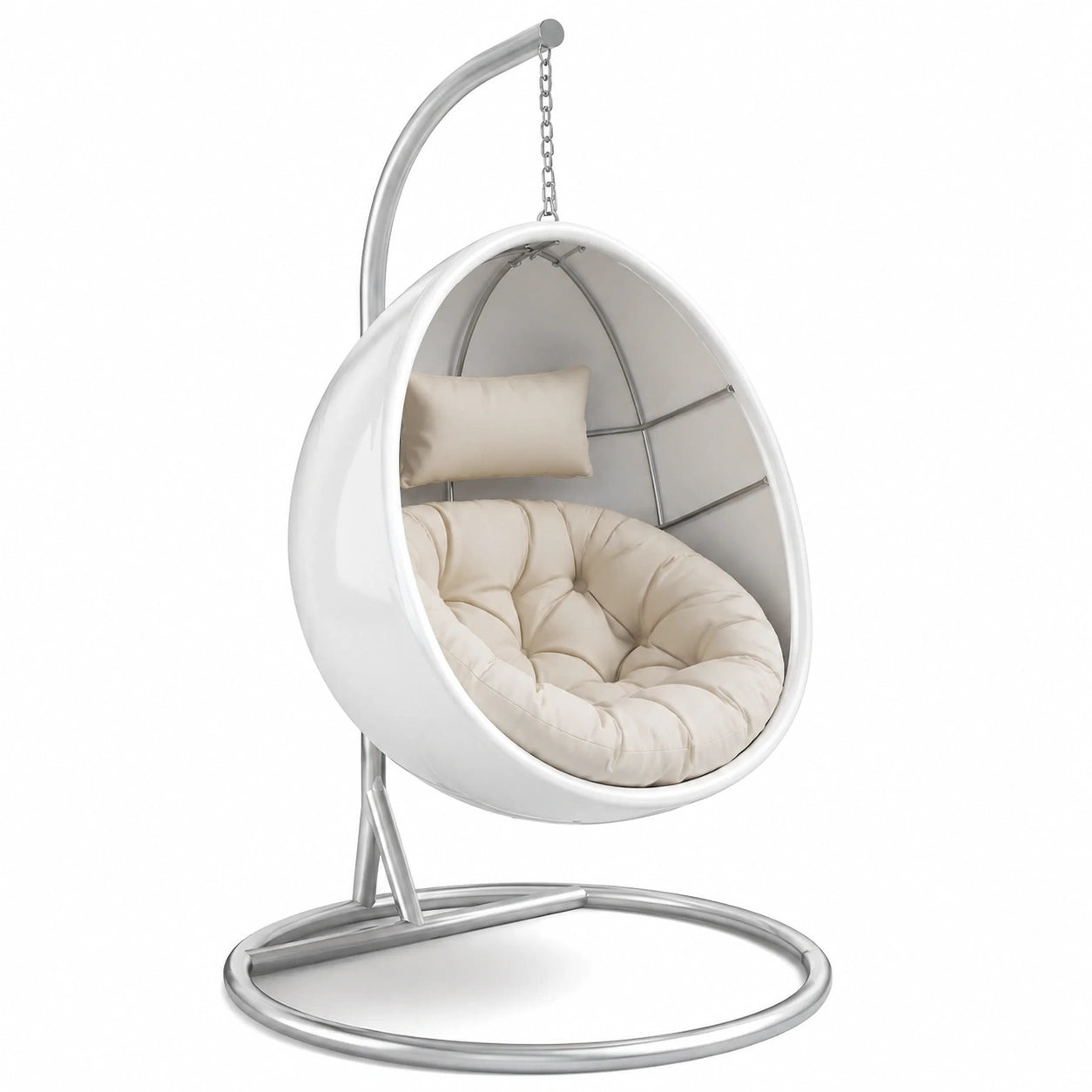 Fauteuil suspendu en métal et fibre de verre avec coussin en polyester, blanc