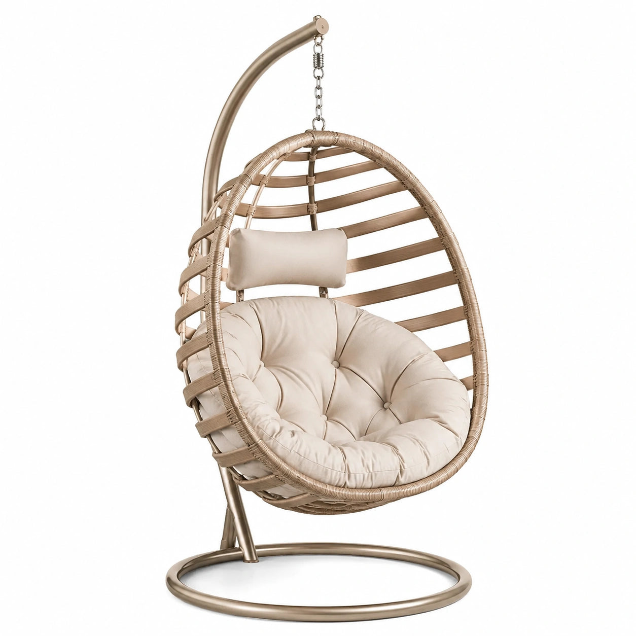 Fauteuil suspendu en acier et résine tressée avec coussin beige, hauteur 200 cm