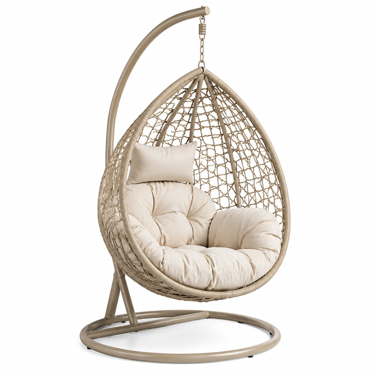 Chaise Suspendue en Rotin avec Coussin Beige et Structure Métallique 195cm