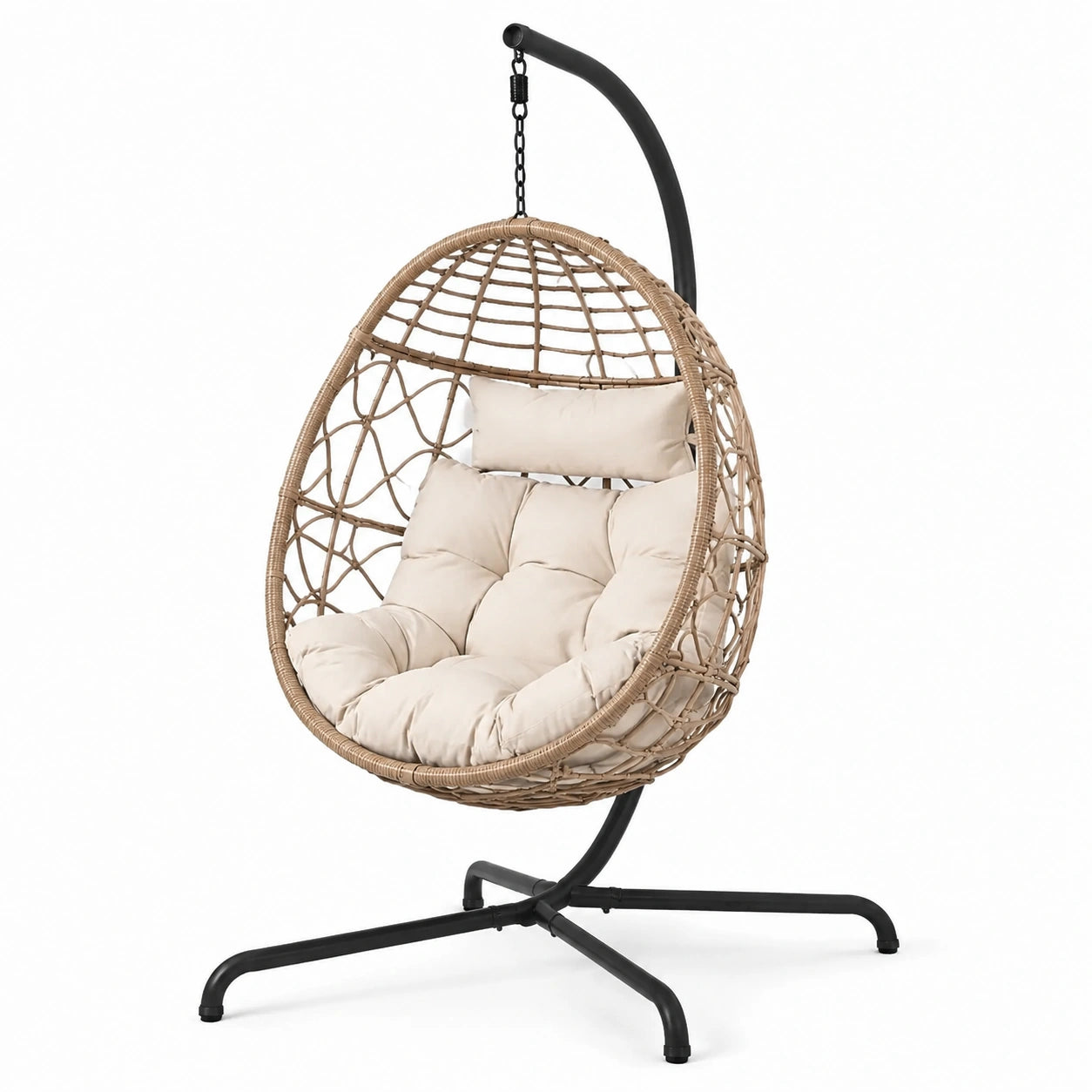 Fauteuil suspendu en rotin avec coussins beiges, structure en acier