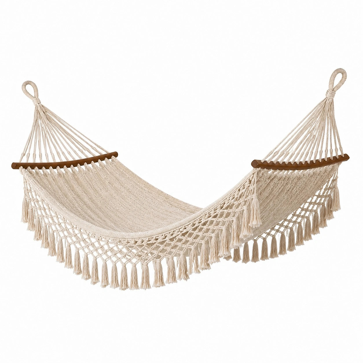 Hamac en coton beige avec barres en bois