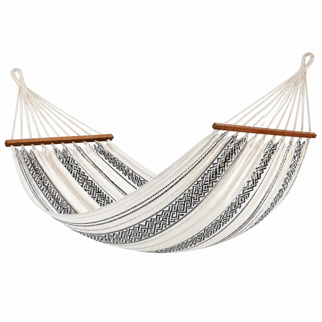 Hamac en coton avec barres en bois de hêtre, 200x150 cm, noir et blanc