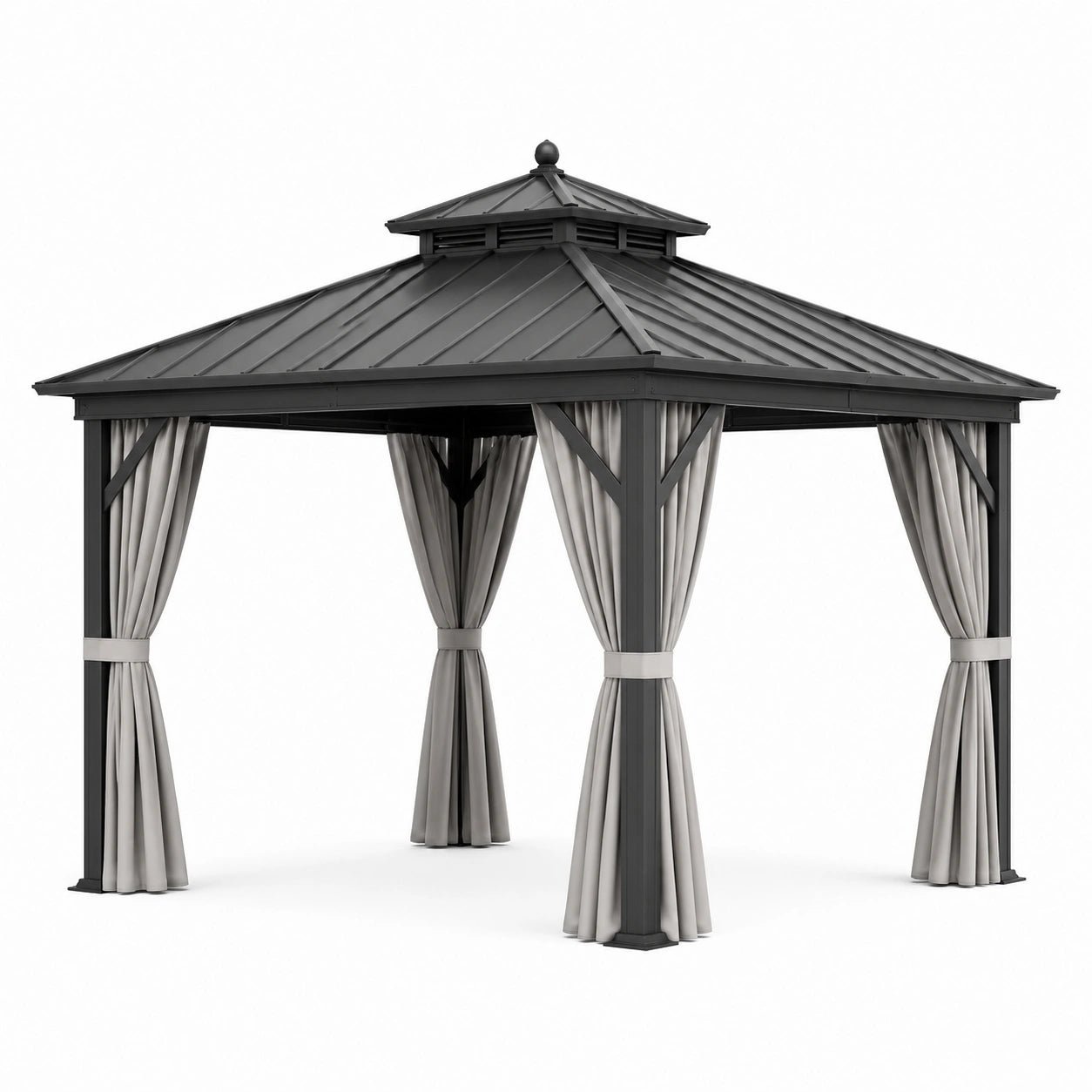 Pavillon de jardin en aluminium avec toit en acier et rideaux gris