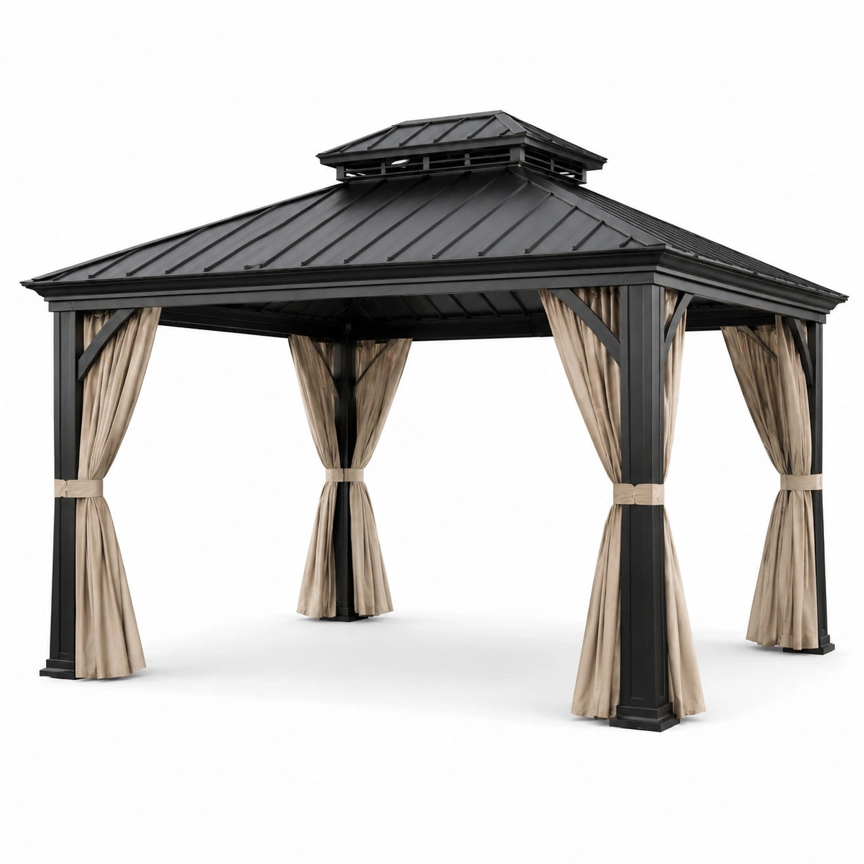 Pavillon en aluminium avec toit en acier et rideaux en polyester, 300x400 cm, noir/beige