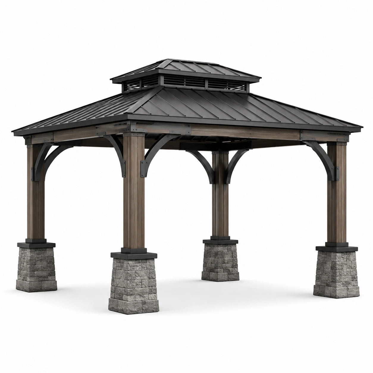 Pavillon en acier noir avec support en chêne et pierre 3x3m