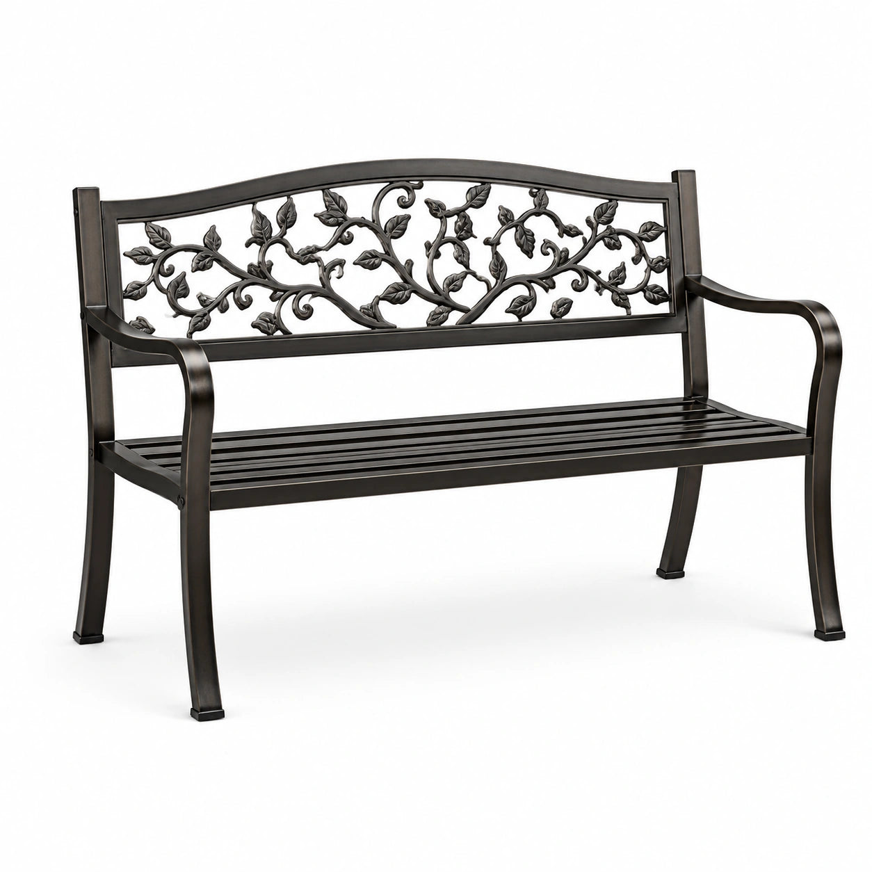 Banc de jardin en métal noir avec motif végétal