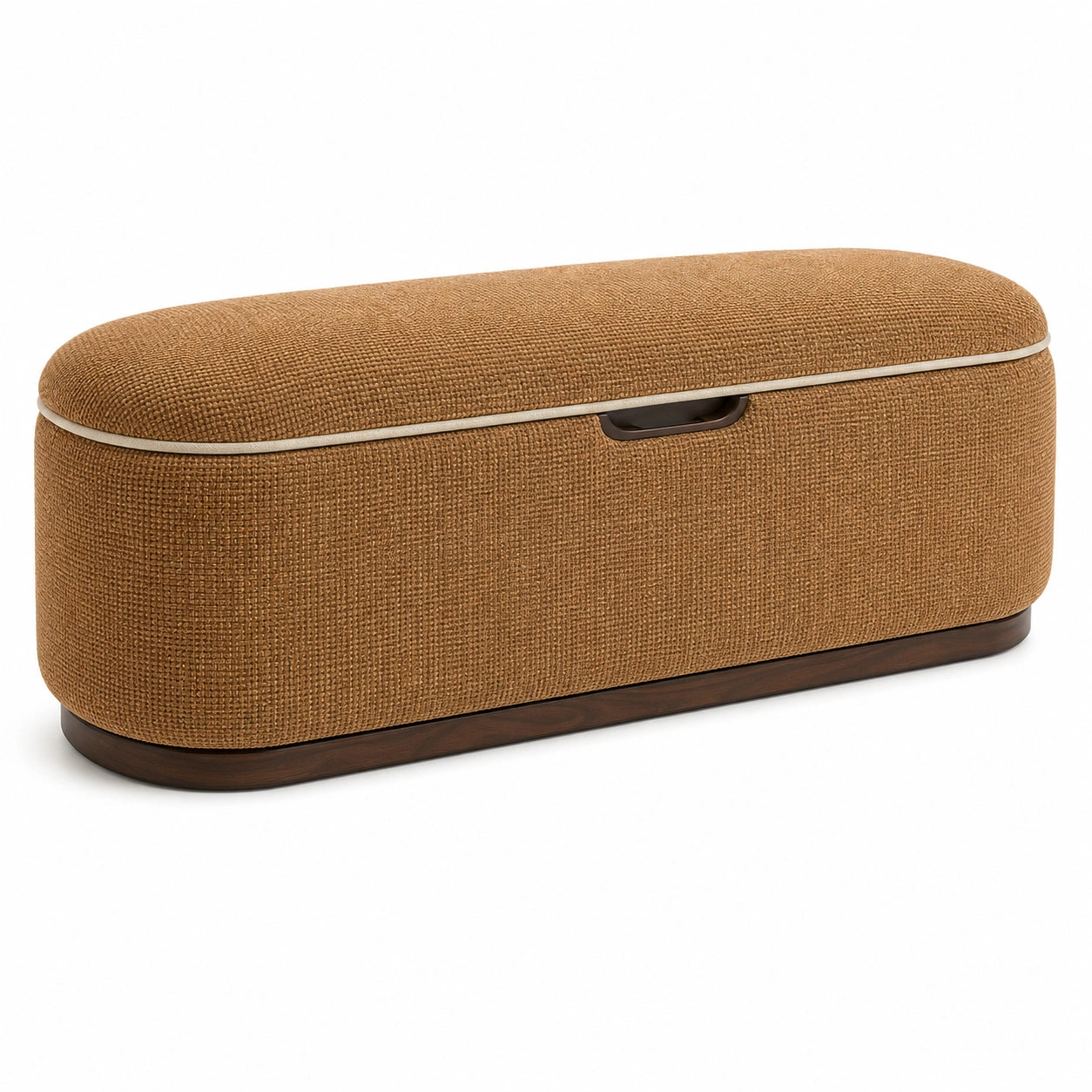 Banc en tissu lin marron avec base en bois de noyer