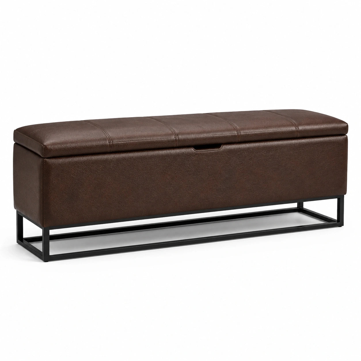 Banc de rangement en cuir synthétique brun avec cadre en métal