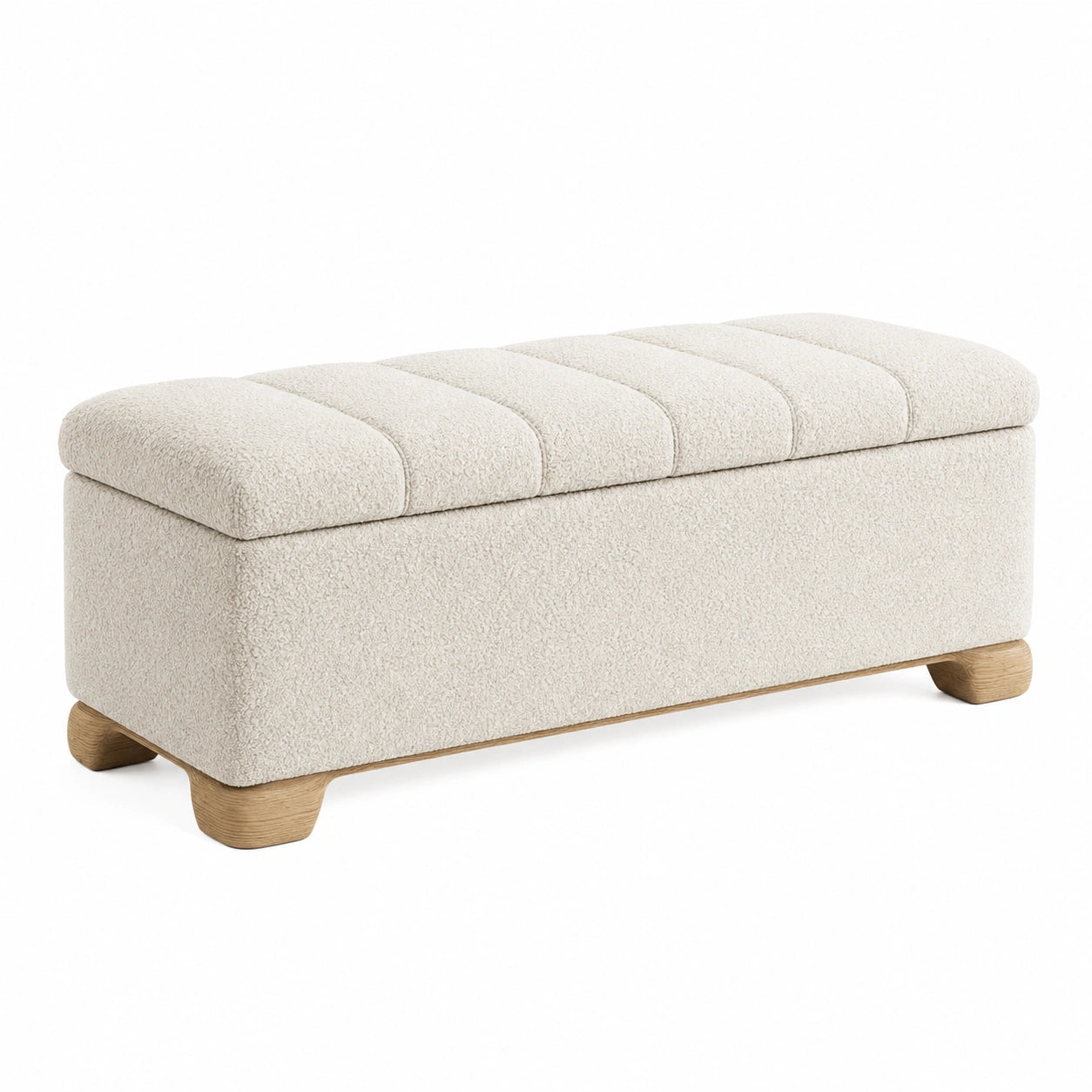 Banc de rangement en tissu bouclette avec pieds en bois 120x40x45 cm beige