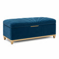 Banc de rangement en velours bleu avec pieds en métal doré 120cm
