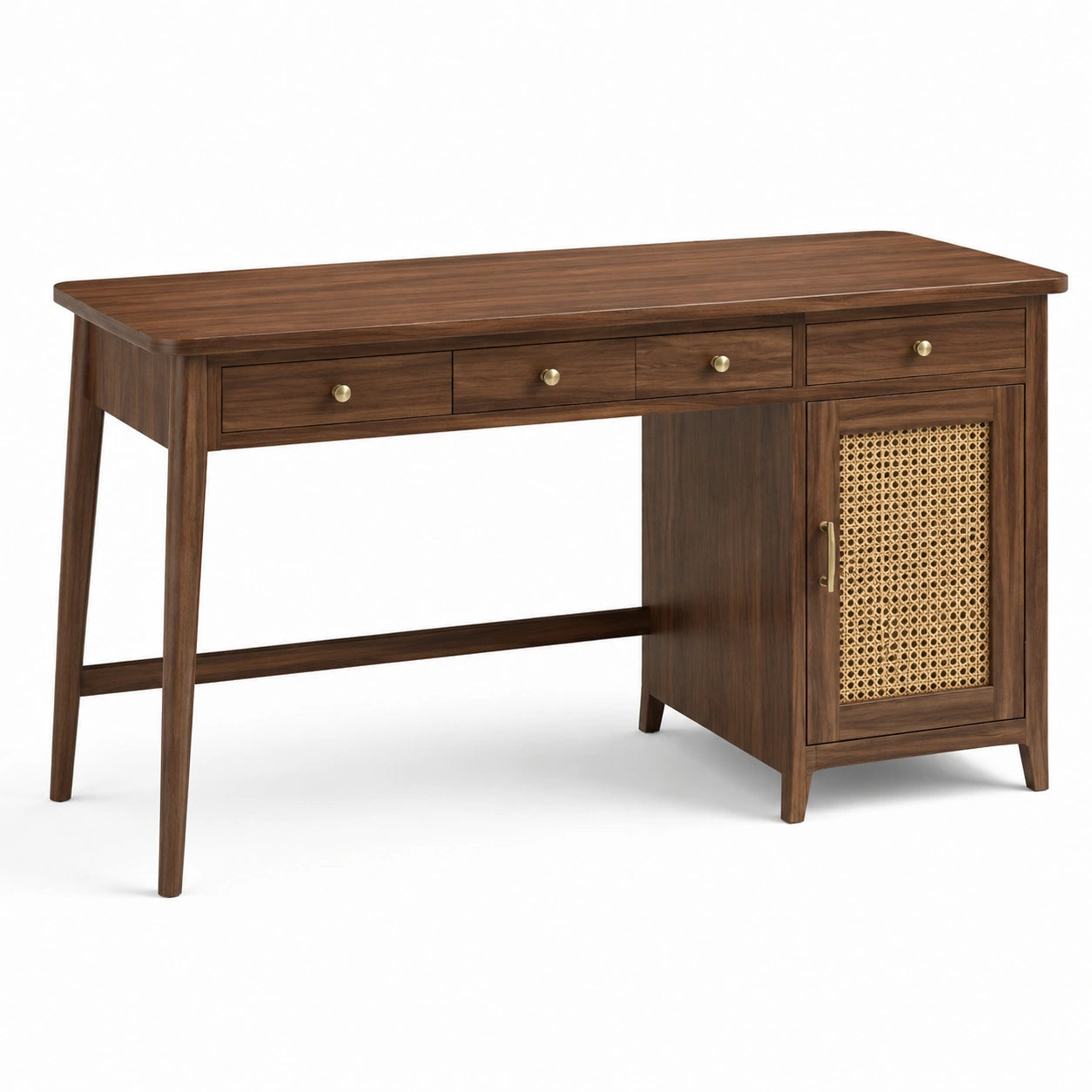 Bureau en bois avec tiroirs et porte en rotin marron