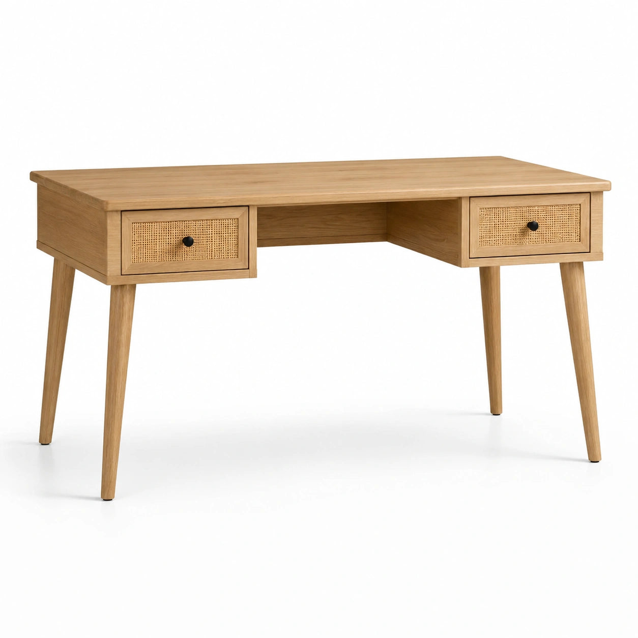 Bureau en bois de chêne avec tiroirs en rotin