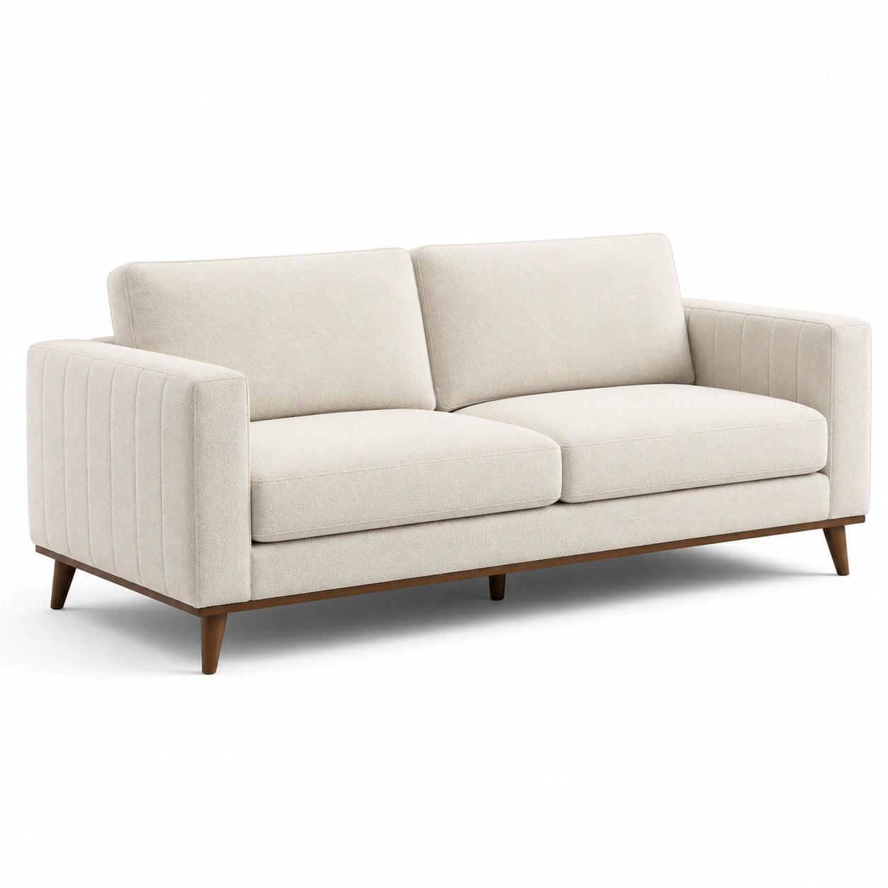 Canapé trois places en tissu beige avec pieds en bois