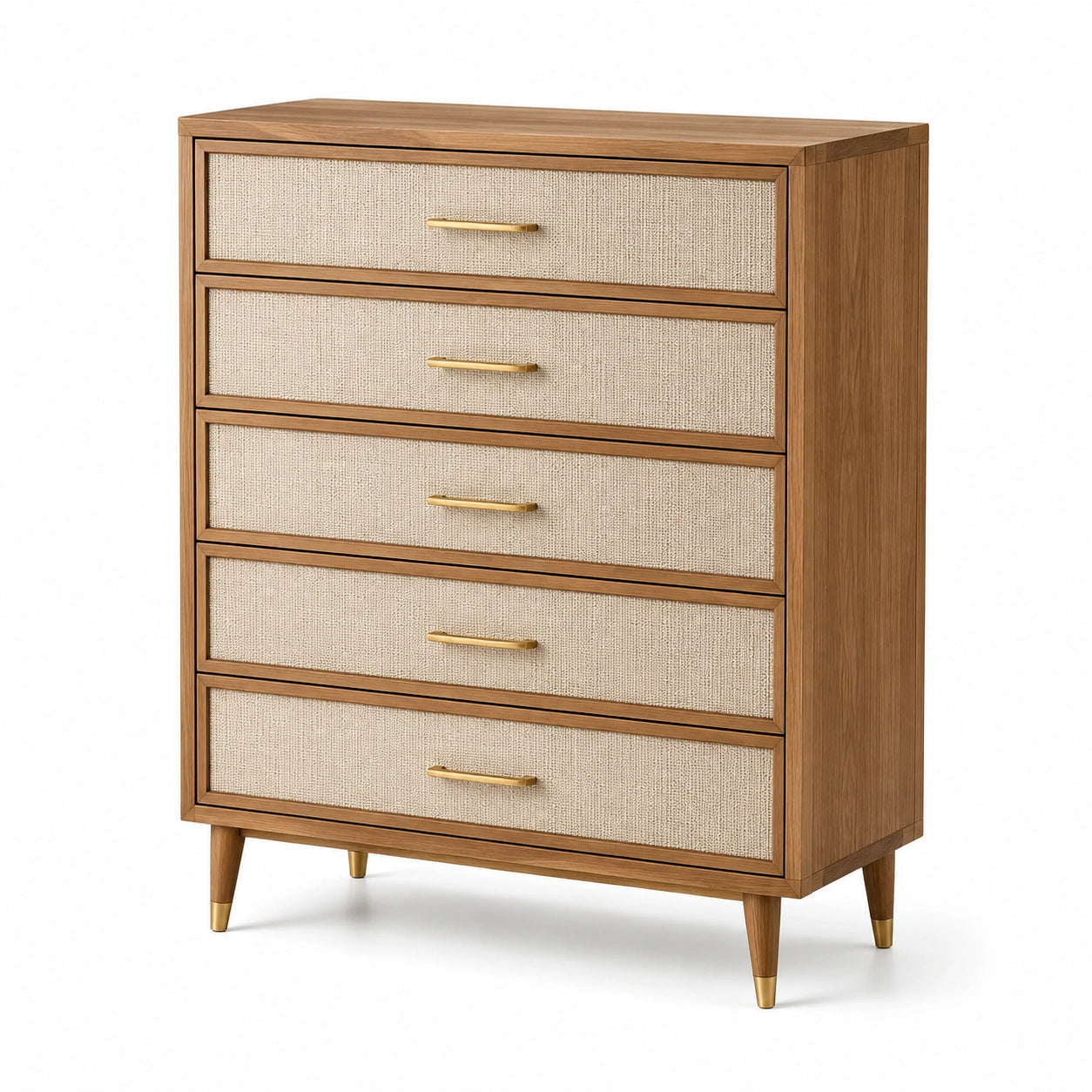 Commode en bois avec placage en rotin et poignées dorées