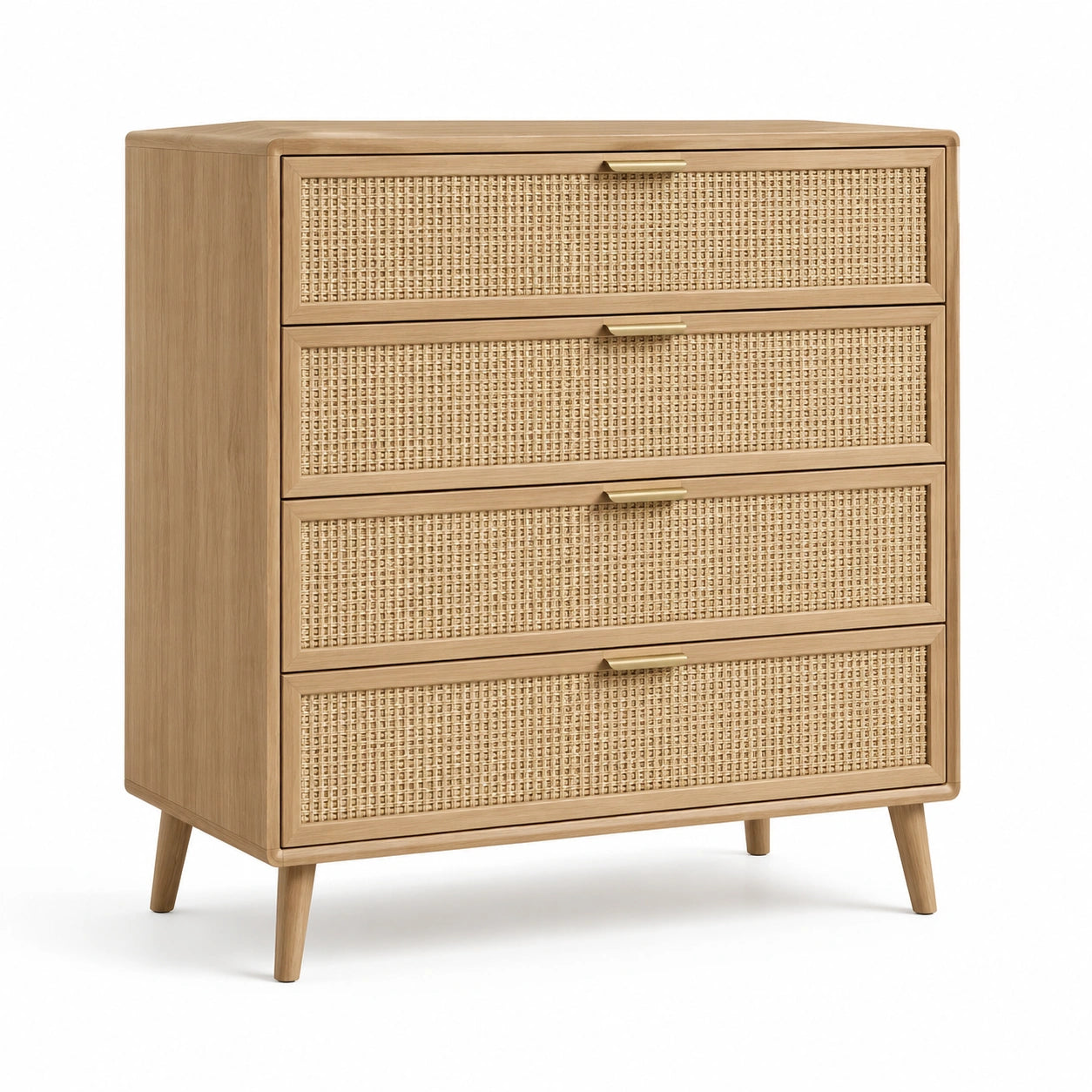 Commode en bois et rotin 4 tiroirs avec poignées en métal